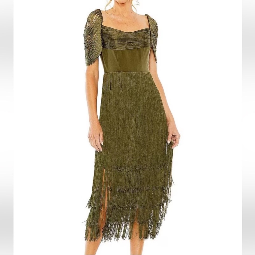 MAC DUGGAL Olive Green Fringe Midi Dress Size 8 NWOT